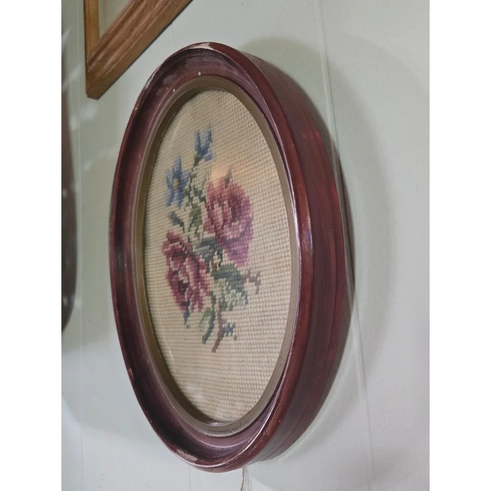 Vintage Floral Needlepoint Oval Wood Frame Pink Roses Blue Flowers Wall Art